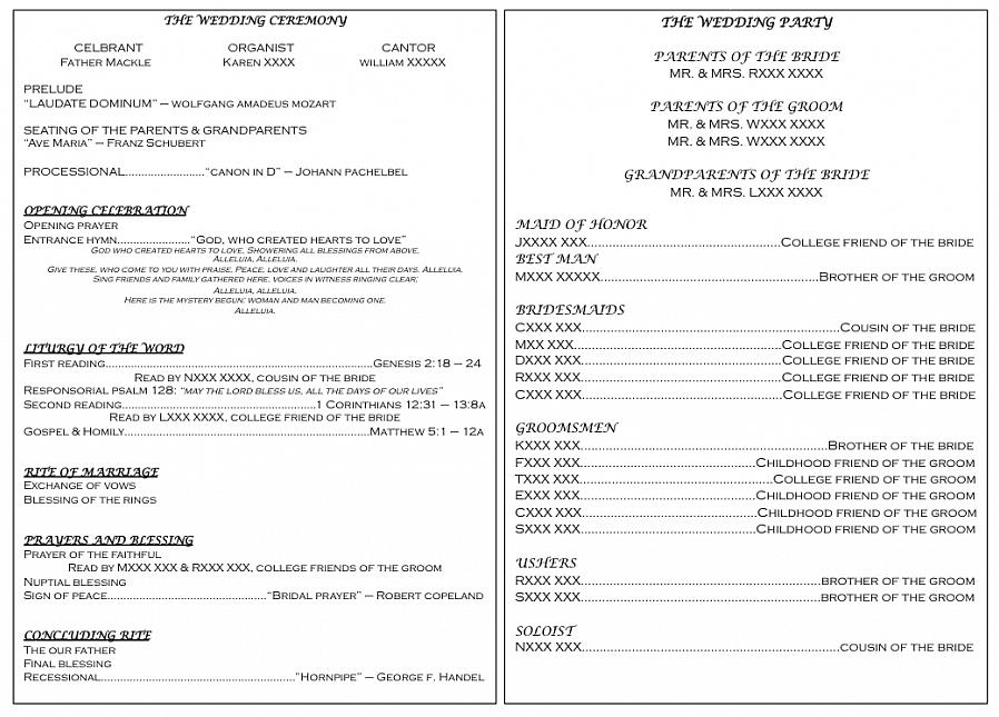 Ecco un programma di matrimonio da una cerimonia di matrimonio cattolica